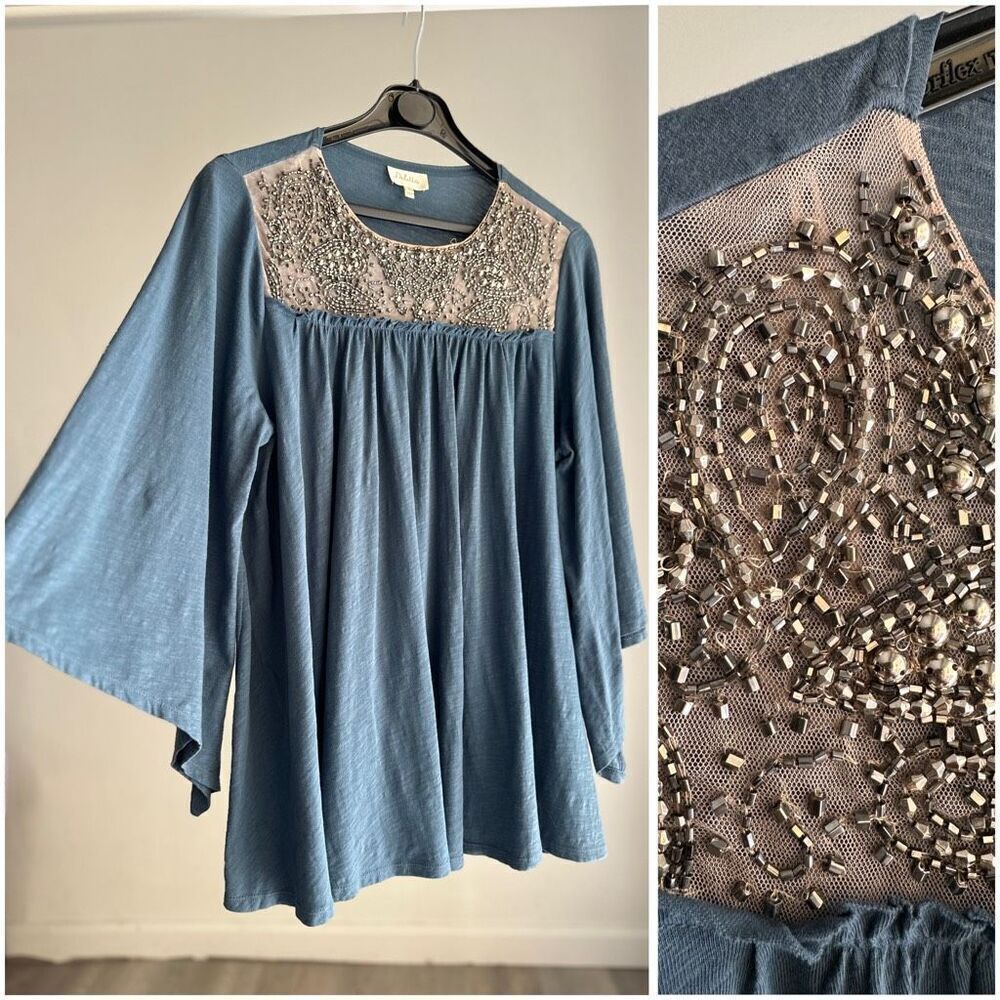 Deletta Anthropologie Josephine Embellished Beaded Top Slate Womens Medium
